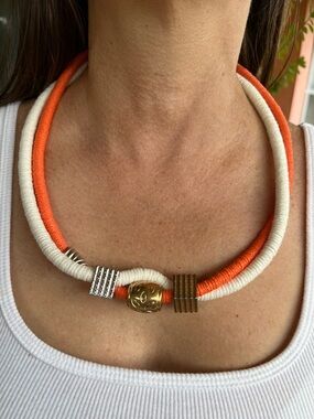 Orange & Cream Wrapped Cord Necklace with Mixed Metal Accents